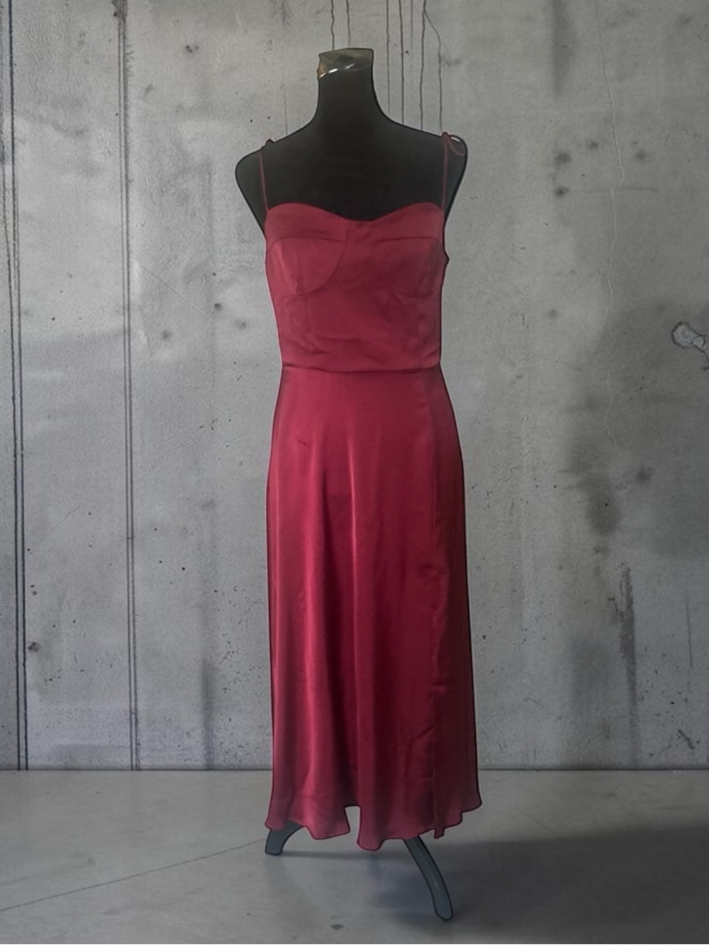 On You Burgundy Satin Slip Midi Dress S Square Neck Spaghetti Strap Zip